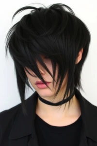 Choppy Black Emo Cut with Side Swept Bangs